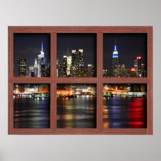 New York 's nachts - Redwood 4-paneelvenster Poste Poster