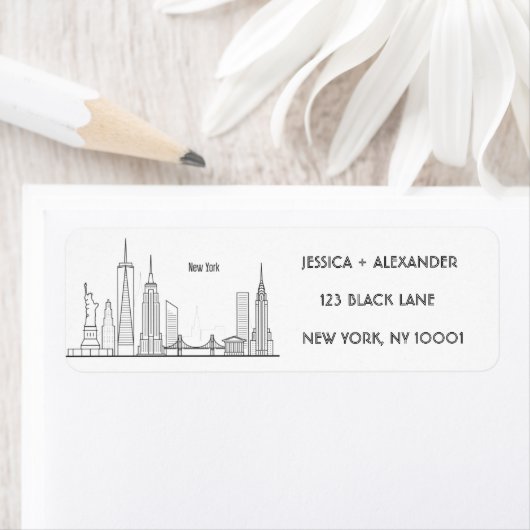 New York Skylin Silhouette Zwart Elegant Script  Etiket (Insitu)