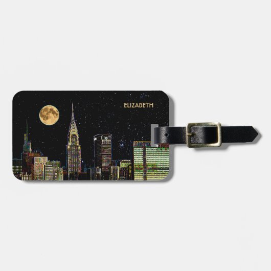 New York Skyline bij nacht met volle maan Bagagelabel (Voorkant horizontaal)