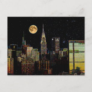 New York Skyline bij nacht met volle maan Briefkaart