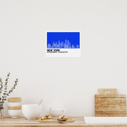 New York Skyline + coördinaten in Blue Backgr. Poster (Keuken)