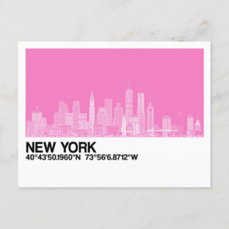 New York Skyline + Coördinaten in Roze Briefkaart
