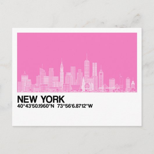 New York Skyline + Coördinaten in Roze Briefkaart (Voorkant)