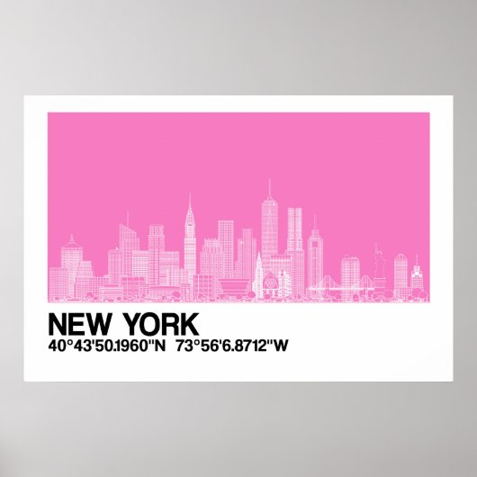 New York Skyline + Coördinaten in Roze Poster (Voorkant)