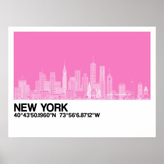 New York Skyline + Coördinaten in Roze Poster (Voorkant)