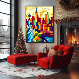 New York Skyline en Standbeeld van de Vrijheid in  Poster