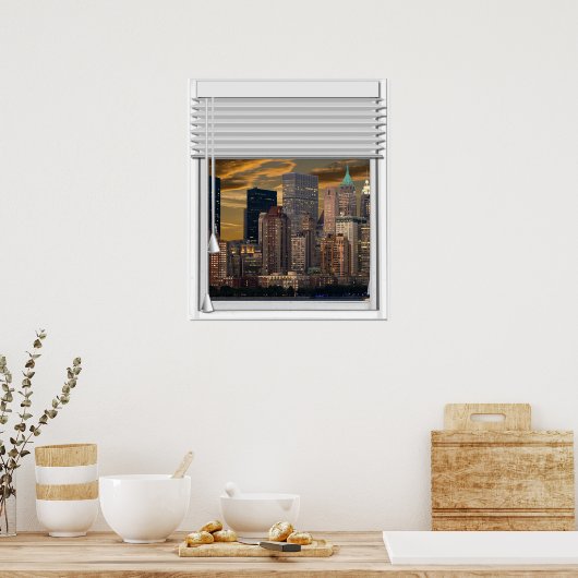 New York Skyline Faux Window Uitzicht met lijntjes Poster (Keuken)