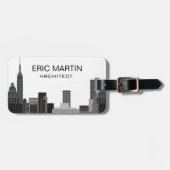 New York Skyline Gray Modern Persoonlijke Naam Bagagelabel (Voorkant horizontaal)