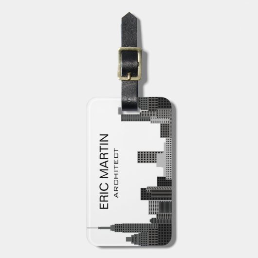 New York Skyline Gray Modern Persoonlijke Naam Bagagelabel (Voorkant verticaal)