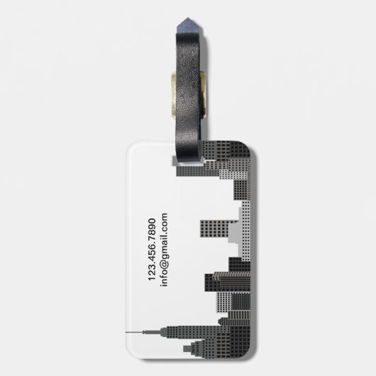 New York Skyline Gray Modern Persoonlijke Naam Bagagelabel (Achterkant verticaal)