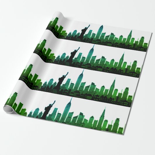 New York Skyline Green Big Apple Modern City Cadeaupapier (Uitgerold)