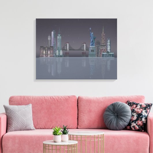 New York Skyline Night Reflections Canvas Afdruk (Insitu (Woonkamer))