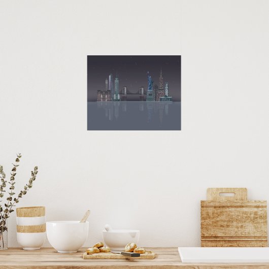 New York Skyline Night Reflections Poster (Keuken)