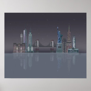 New York Skyline Night Reflections Poster
