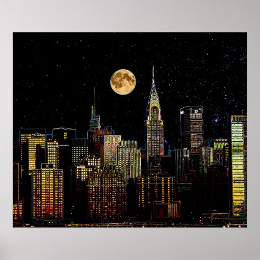 New York Skyline 's nachts met volle maan Poster (Voorkant)
