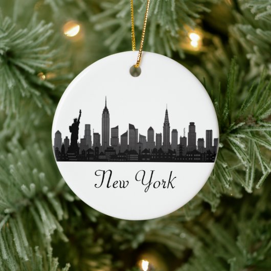 New York Skyline Silhouette Black Elegant Script C Keramisch Ornament (Boom)