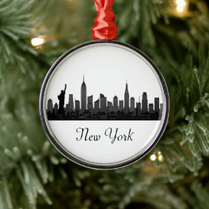 New York Skyline Silhouette Black Elegant Script Metalen Ornament