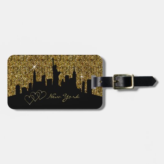 New York Skyline Silhouette in Faux Gold Glitter Bagagelabel (Voorkant horizontaal)