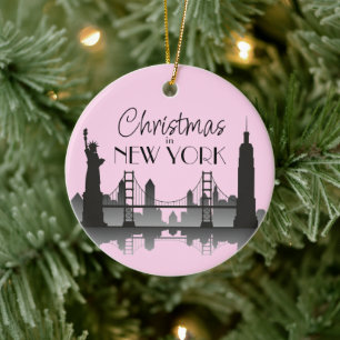 NEW YORK Skyline Silhouette Modern Pink Keramisch Ornament