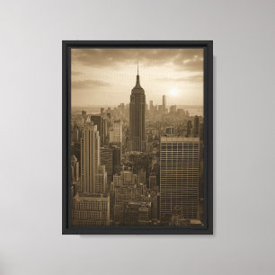 New York Skyline Sunset Sepia Canvas Afdruk