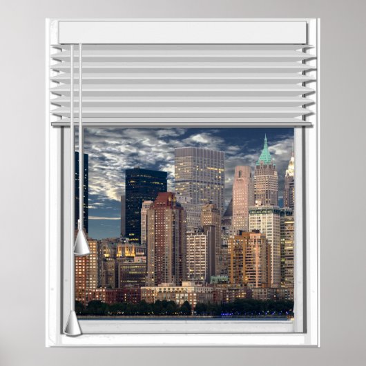 New York Skyline Uitzicht Fake Window met Blinds Poster (Voorkant)