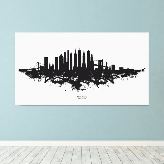New York Skyline Waterverf Black en White Canvas Afdruk (Insitu (Houten vloer))