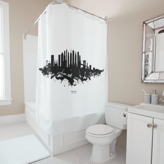 New York Skyline Waterverf Black en White Douchegordijn (In situ)