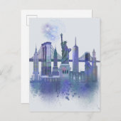 New York Skyline - Waterverf Blue Briefkaart (Voorkant / Achterkant)