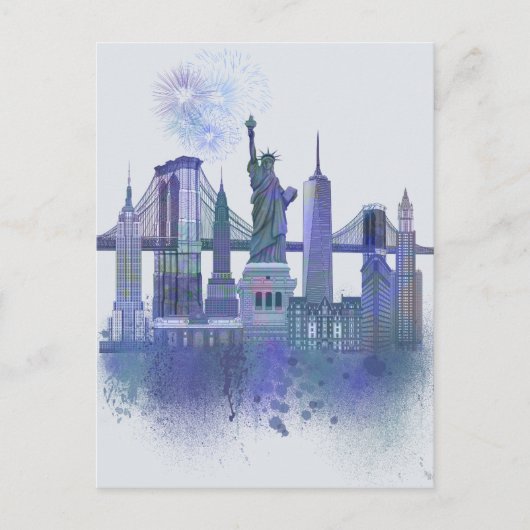 New York Skyline - Waterverf Blue Briefkaart (Voorkant)
