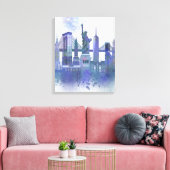 New York Skyline - Waterverf Blue Canvas Afdruk (Insitu (Woonkamer))