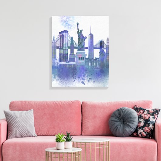 New York Skyline - Waterverf Blue Canvas Afdruk (Insitu (Woonkamer))