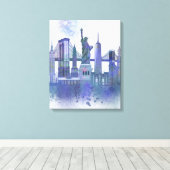 New York Skyline - Waterverf Blue Canvas Afdruk (Insitu (Houten vloer))