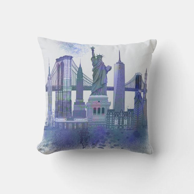 New York Skyline - Waterverf Blue Kussen (Voorkant)