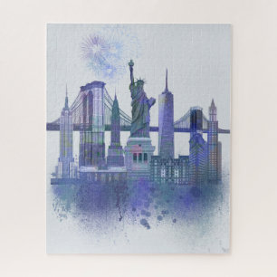 New York Skyline - Waterverf Blue Legpuzzel