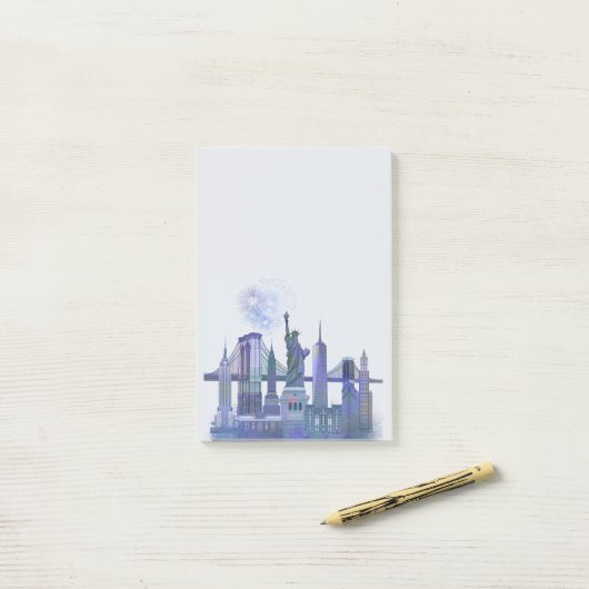 New York Skyline - Waterverf Blue Post-it® Notes (Op bureau)