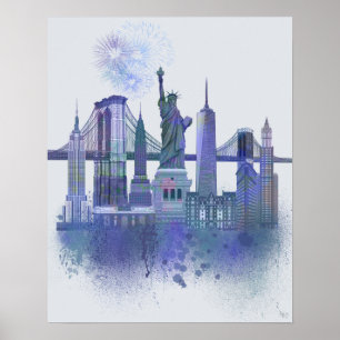 New York Skyline - Waterverf Blue Poster