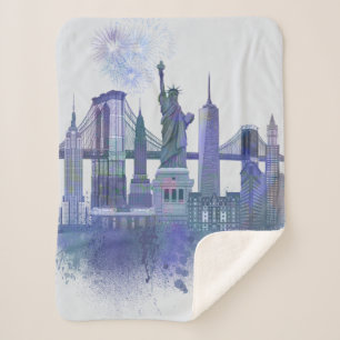 New York Skyline - Waterverf Blue Sherpa Deken
