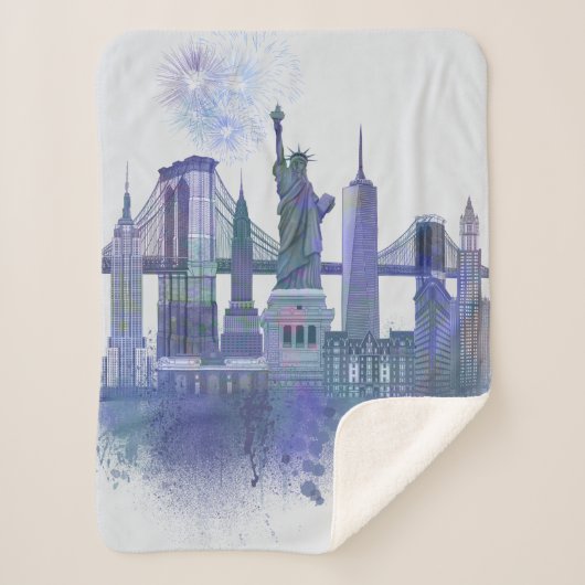 New York Skyline - Waterverf Blue Sherpa Deken (Voorkant)