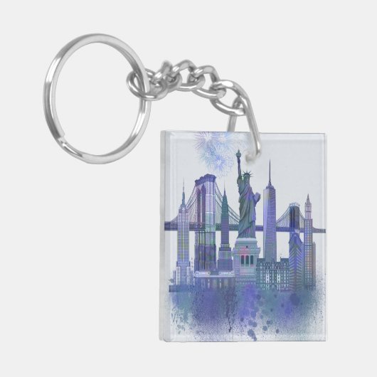 New York Skyline - Waterverf Blue Sleutelhanger (Voorkant Links)