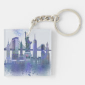 New York Skyline - Waterverf Blue Sleutelhanger (Achterkant)