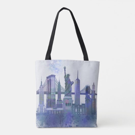 New York Skyline - Waterverf Blue Tote Bag (Achterkant)
