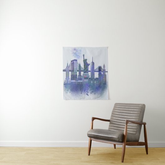New York Skyline - Waterverf Blue Wandkleed (In situ)