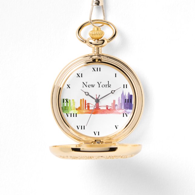 New York Skyline Waterverf Brooklyn Americana Horloge (Voorkant)