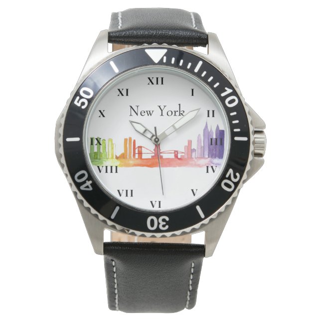 New York Skyline Waterverf Brooklyn Americana Horloge (Voorkant)