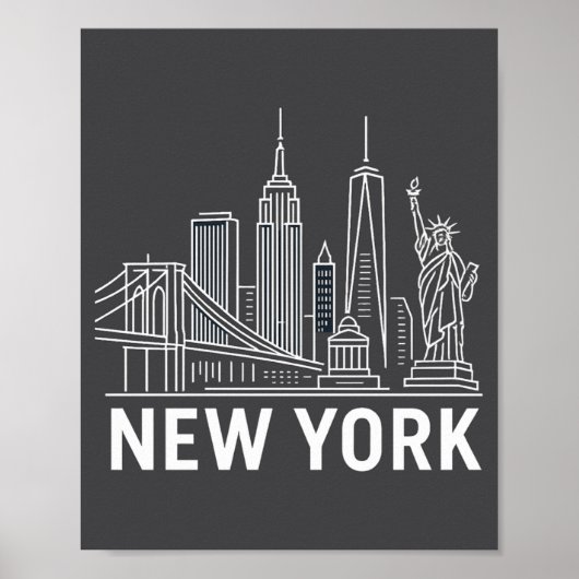 New York Skyline With Statue Of Liberty White Line Poster (Voorkant)