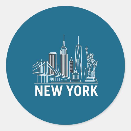 New York Skyline With Statue Of Liberty White Line Ronde Sticker (Voorkant)