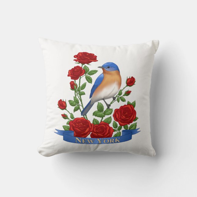 New York State Bird & Flower - Bluebird & Red Rose Kussen (Voorkant)
