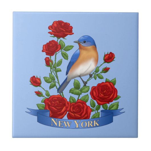 New York State Bird & Flower - Bluebird & Red Rose Tegeltje (Voorkant)