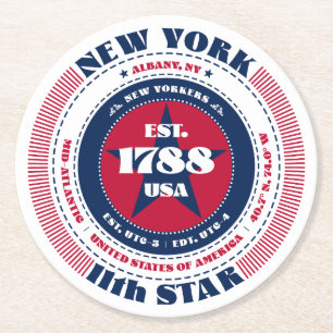 New York State Feiten Rood Wit Blauw Typografie Ronde Kartonnen Onderzetter