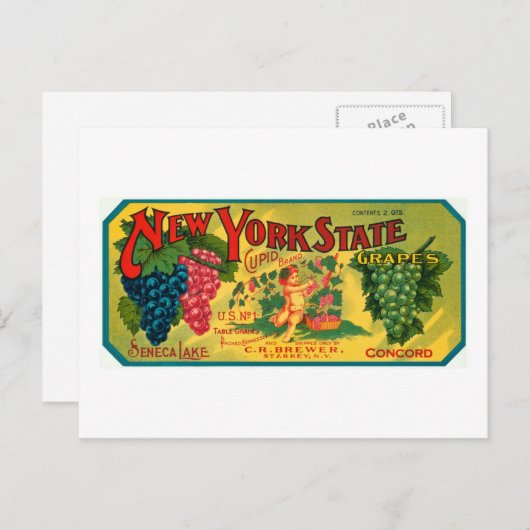 New York State Grapes en  label Briefkaart (Voorkant / Achterkant)